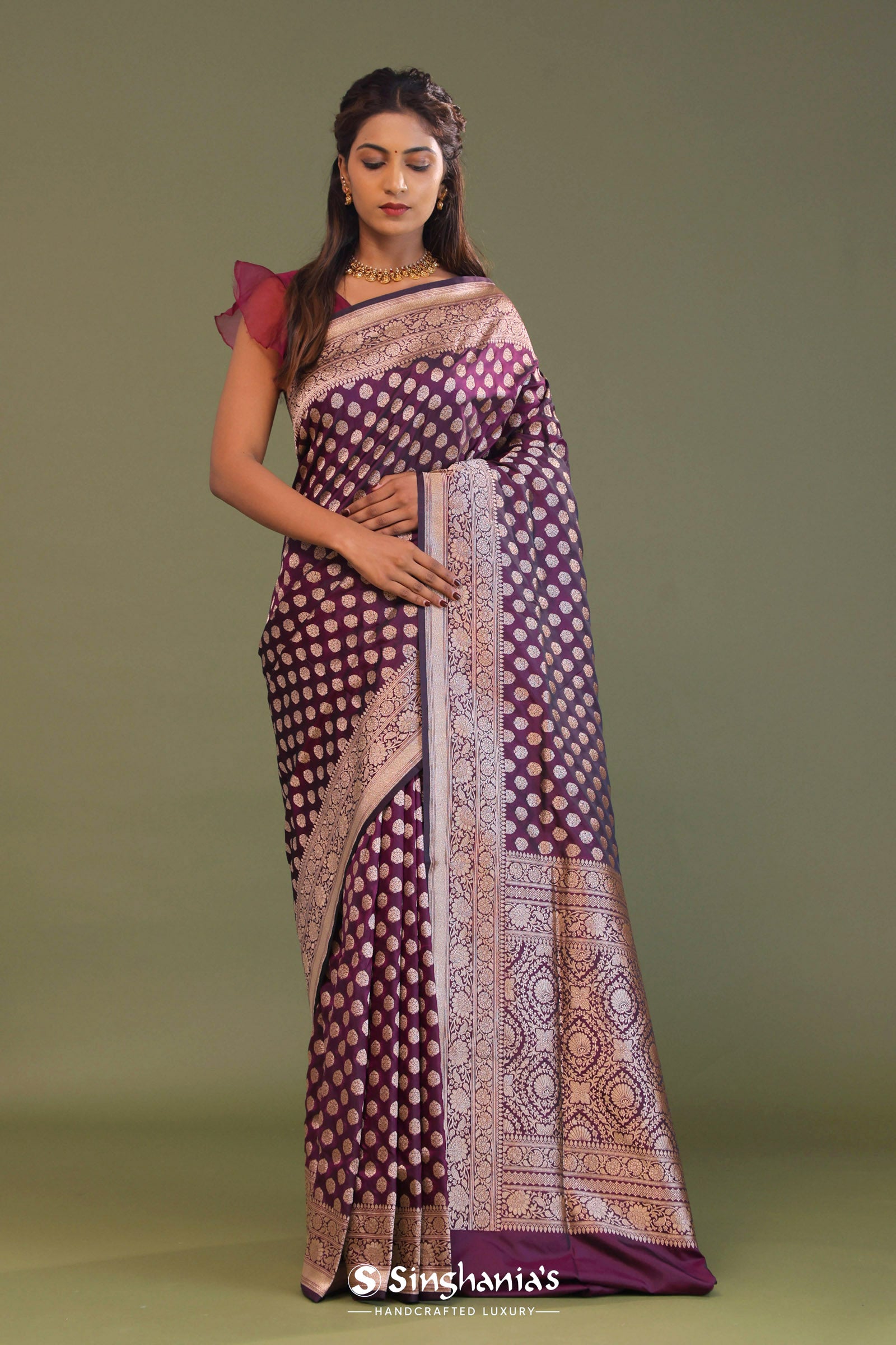 Mulberry Purple Banarasi Saree With Butti'S