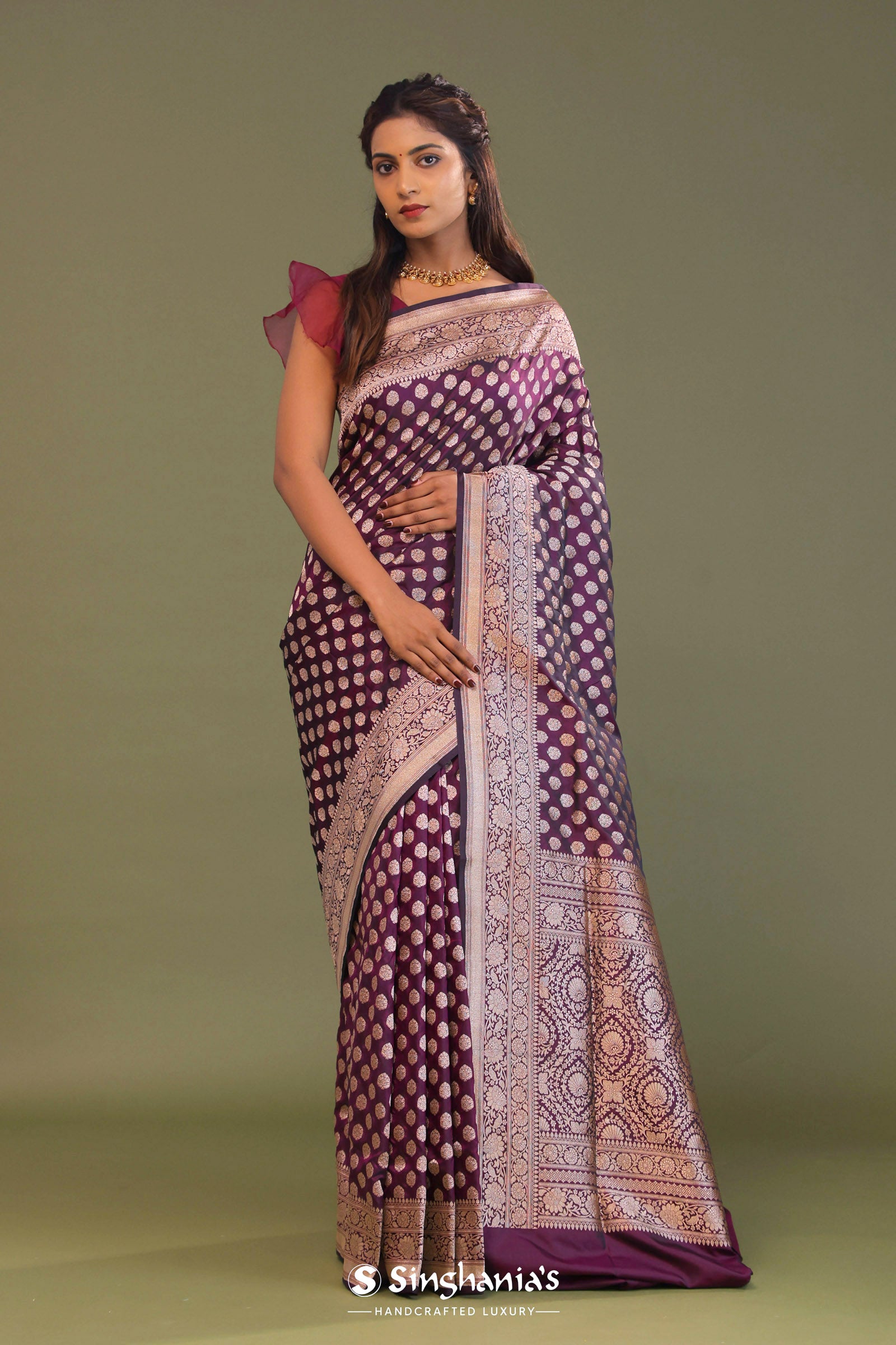 Mulberry Purple Banarasi Saree With Butti'S