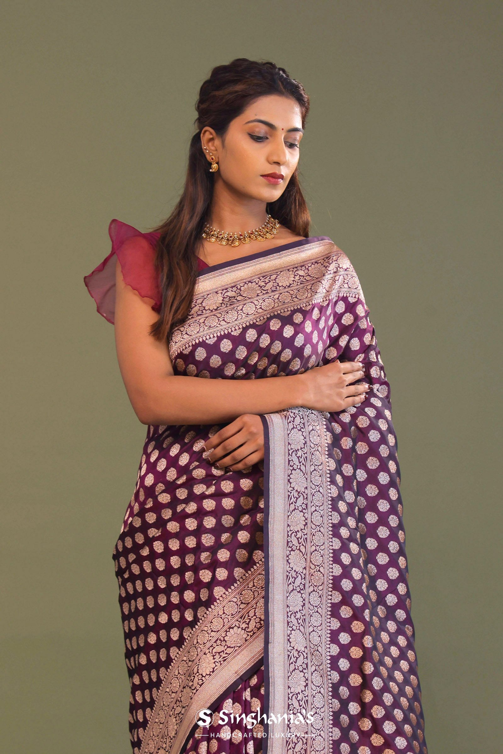 Mulberry Purple Banarasi Saree With Butti'S