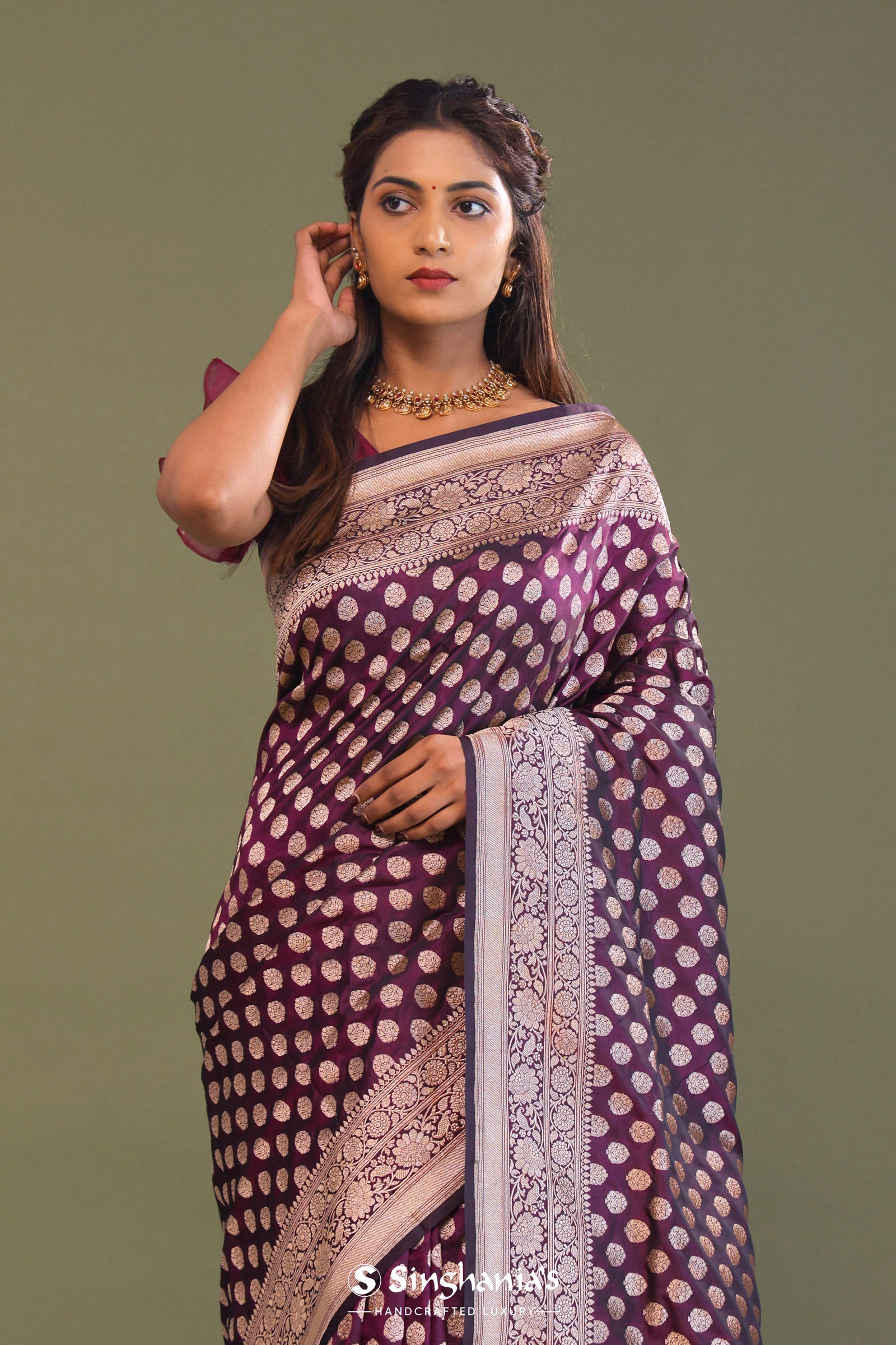 Mulberry Purple Banarasi Saree With Butti'S