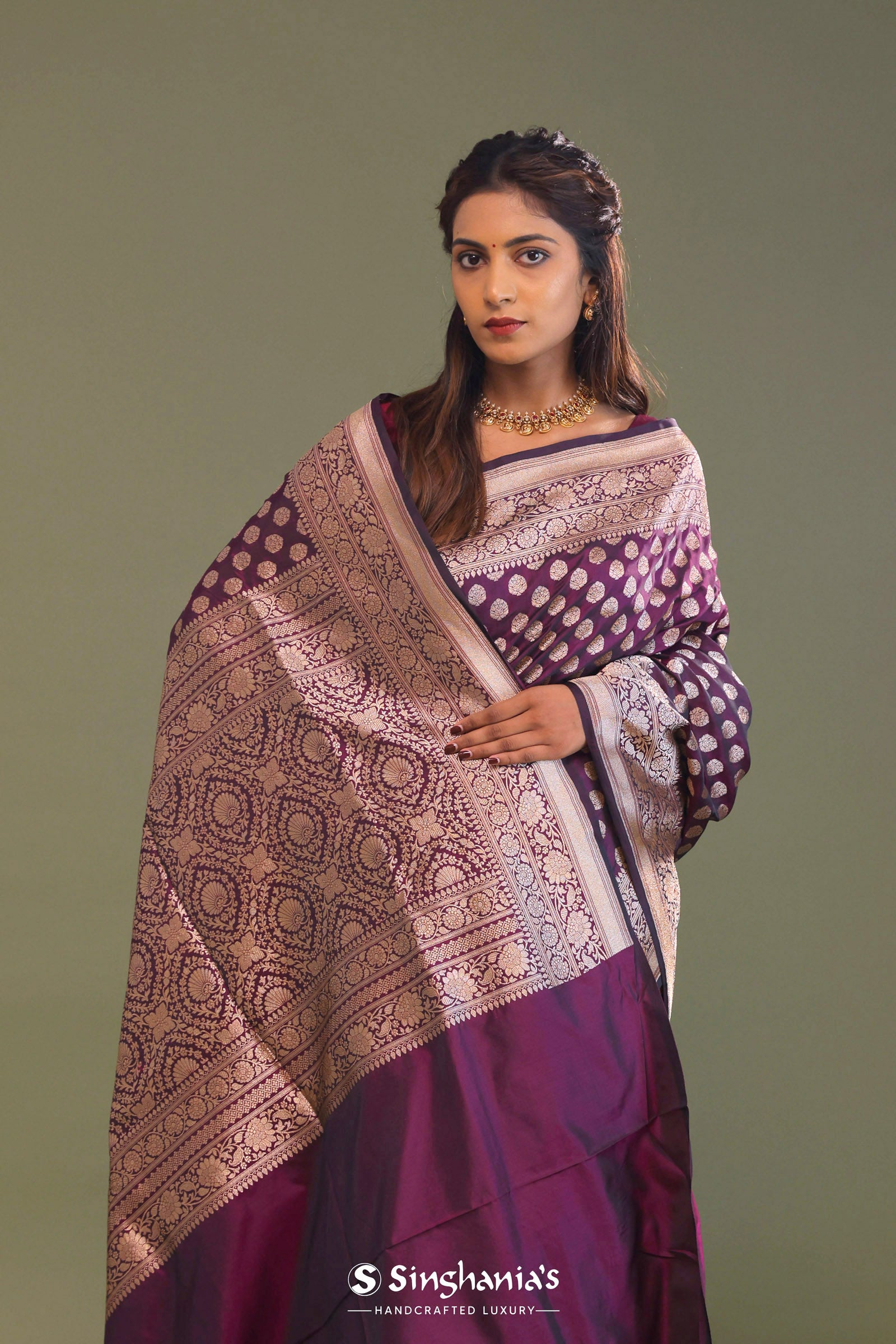 Mulberry Purple Banarasi Saree With Butti'S