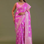 Bright Rose Pink Banarasi Saree With Silver And Gold Meenakari