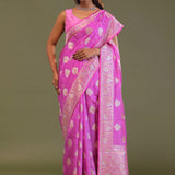Bright Rose Pink Banarasi Saree With Silver And Gold Meenakari