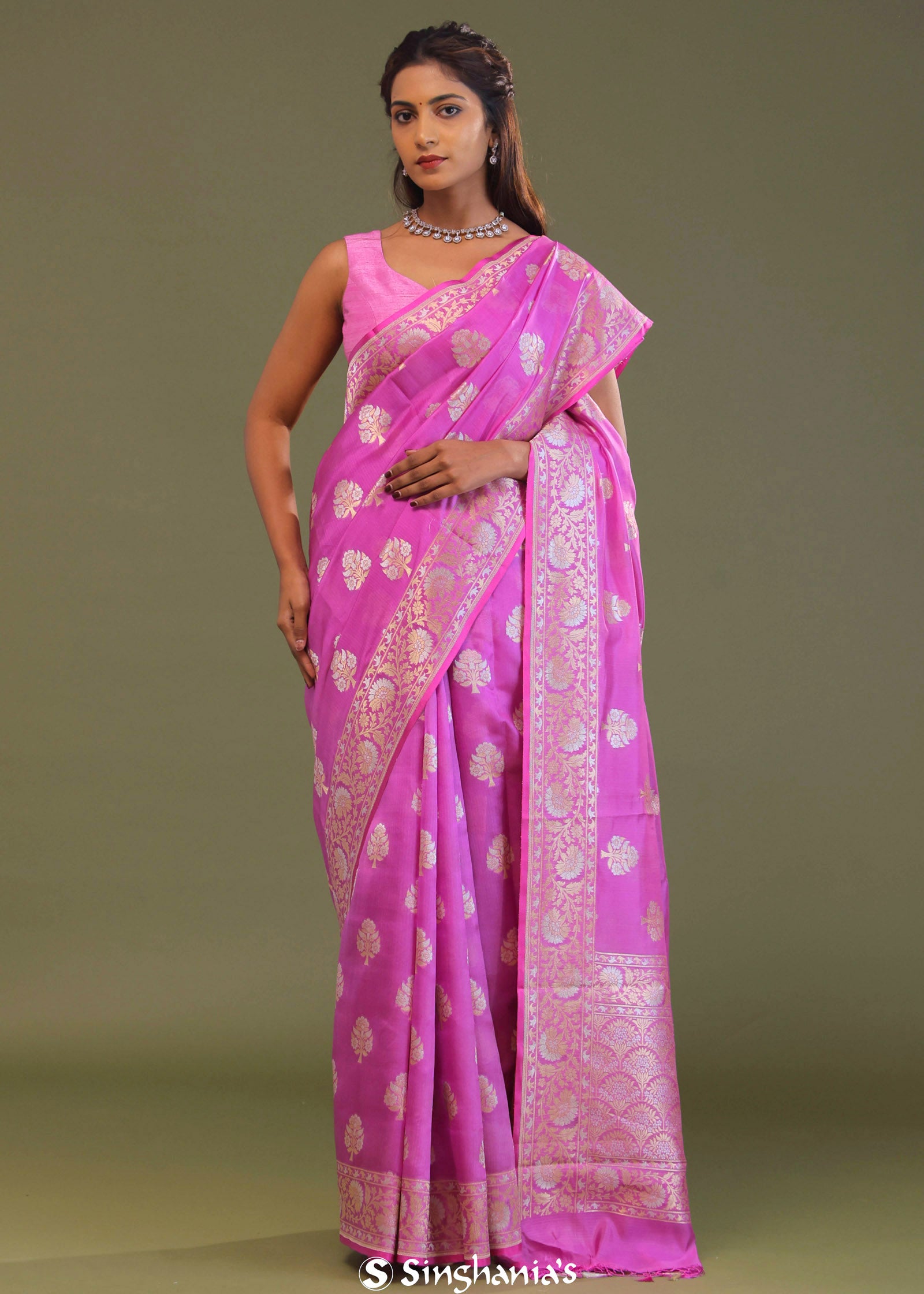 Bright Rose Pink Banarasi Saree With Silver And Gold Meenakari