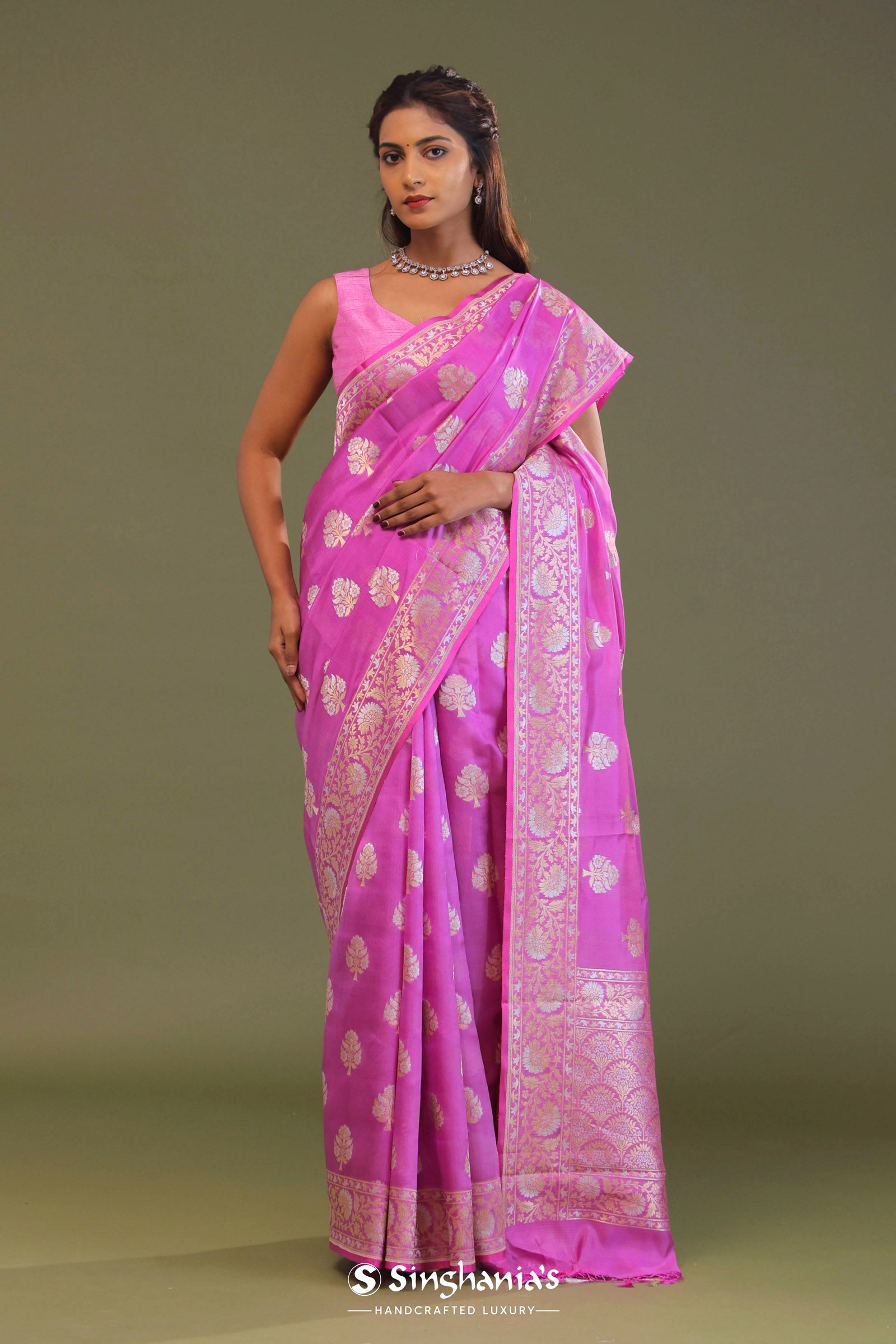 Bright Rose Pink Banarasi Saree With Silver And Gold Meenakari