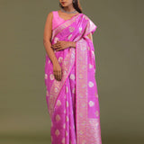 Bright Rose Pink Banarasi Saree With Silver And Gold Meenakari