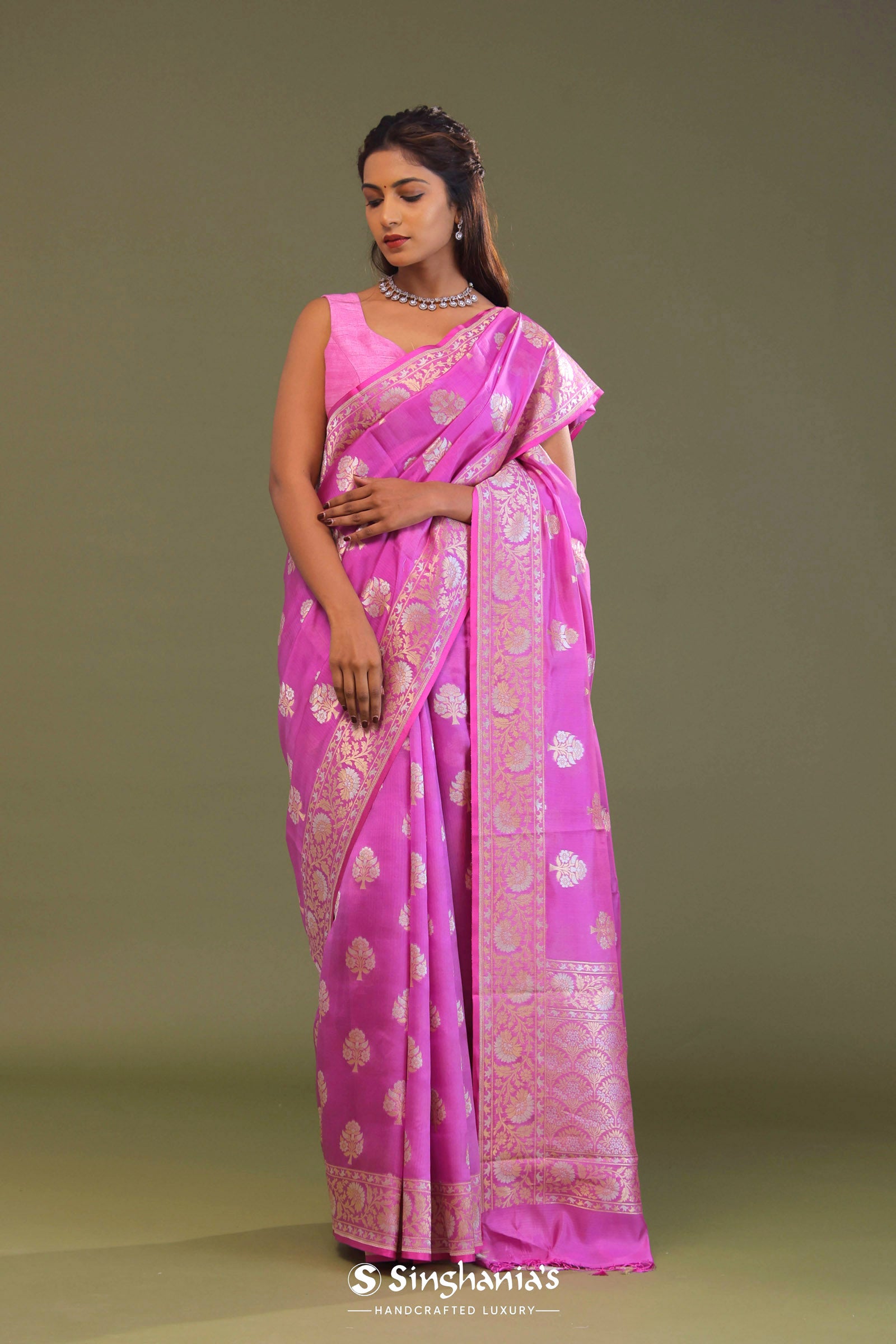 Bright Rose Pink Banarasi Saree With Silver And Gold Meenakari