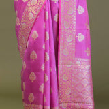Bright Rose Pink Banarasi Saree With Silver And Gold Meenakari