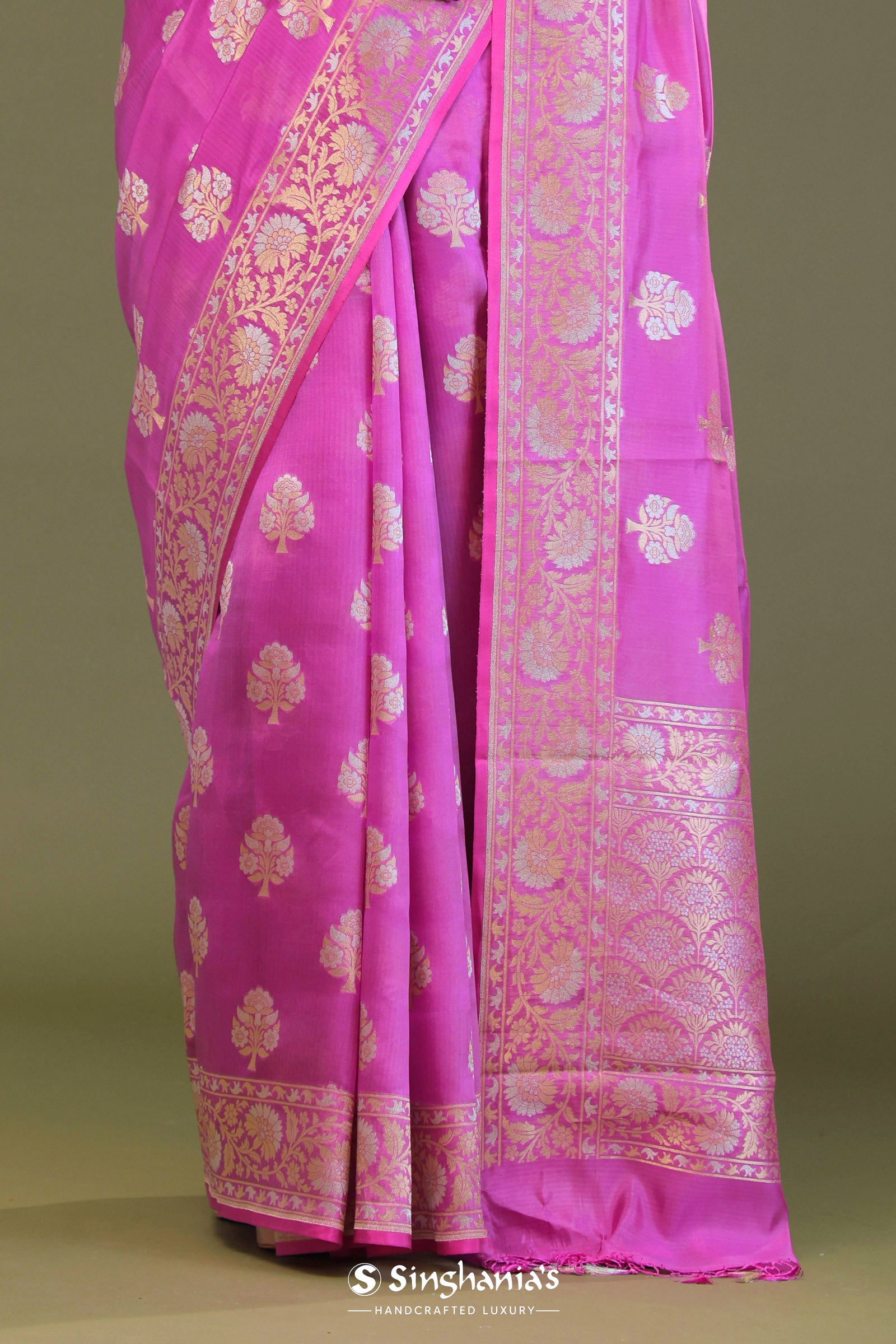 Bright Rose Pink Banarasi Saree With Silver And Gold Meenakari