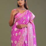 Bright Rose Pink Banarasi Saree With Silver And Gold Meenakari