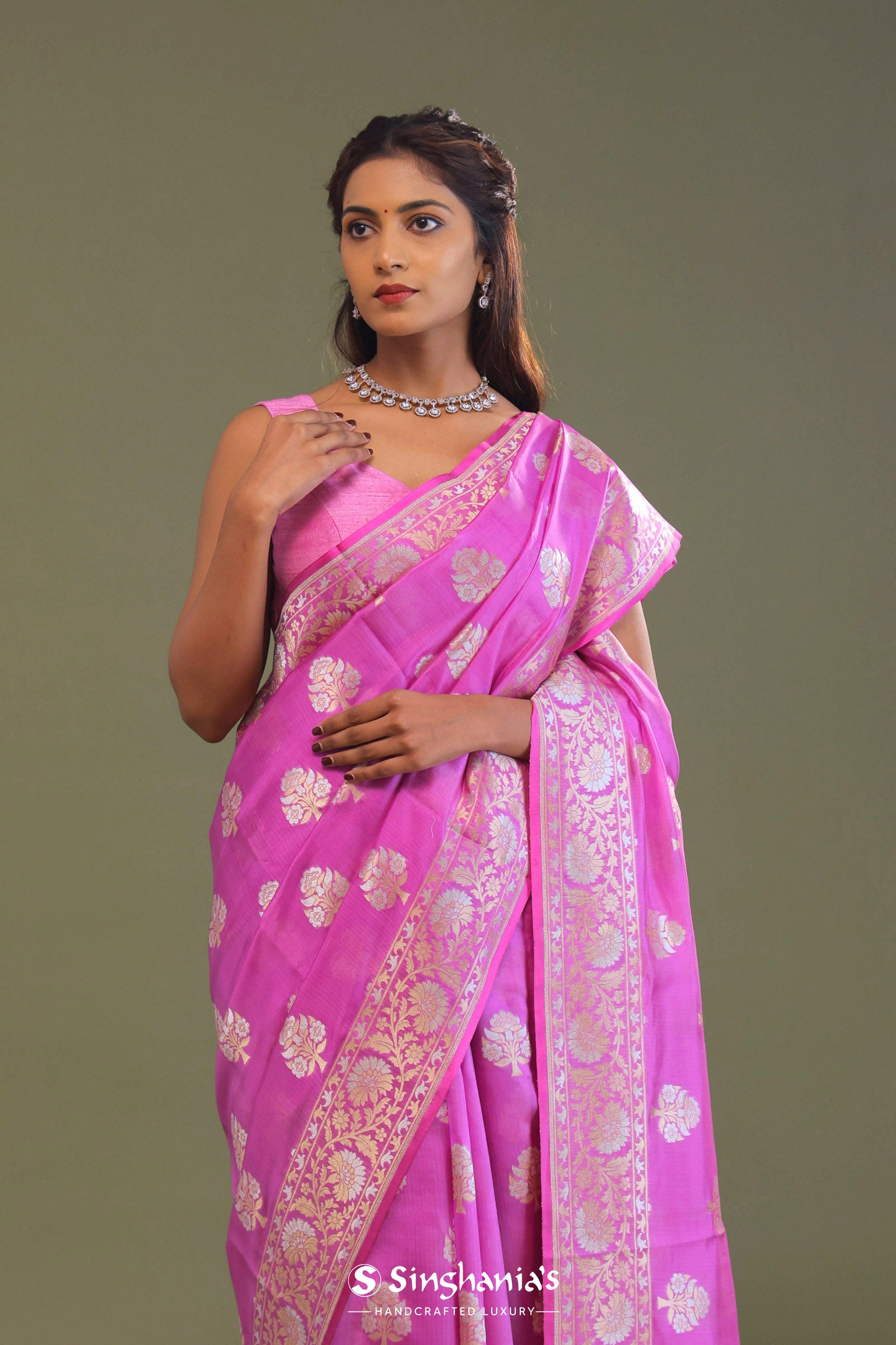 Bright Rose Pink Banarasi Saree With Silver And Gold Meenakari