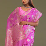 Bright Rose Pink Banarasi Saree With Silver And Gold Meenakari