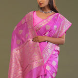 Bright Rose Pink Banarasi Saree With Silver And Gold Meenakari