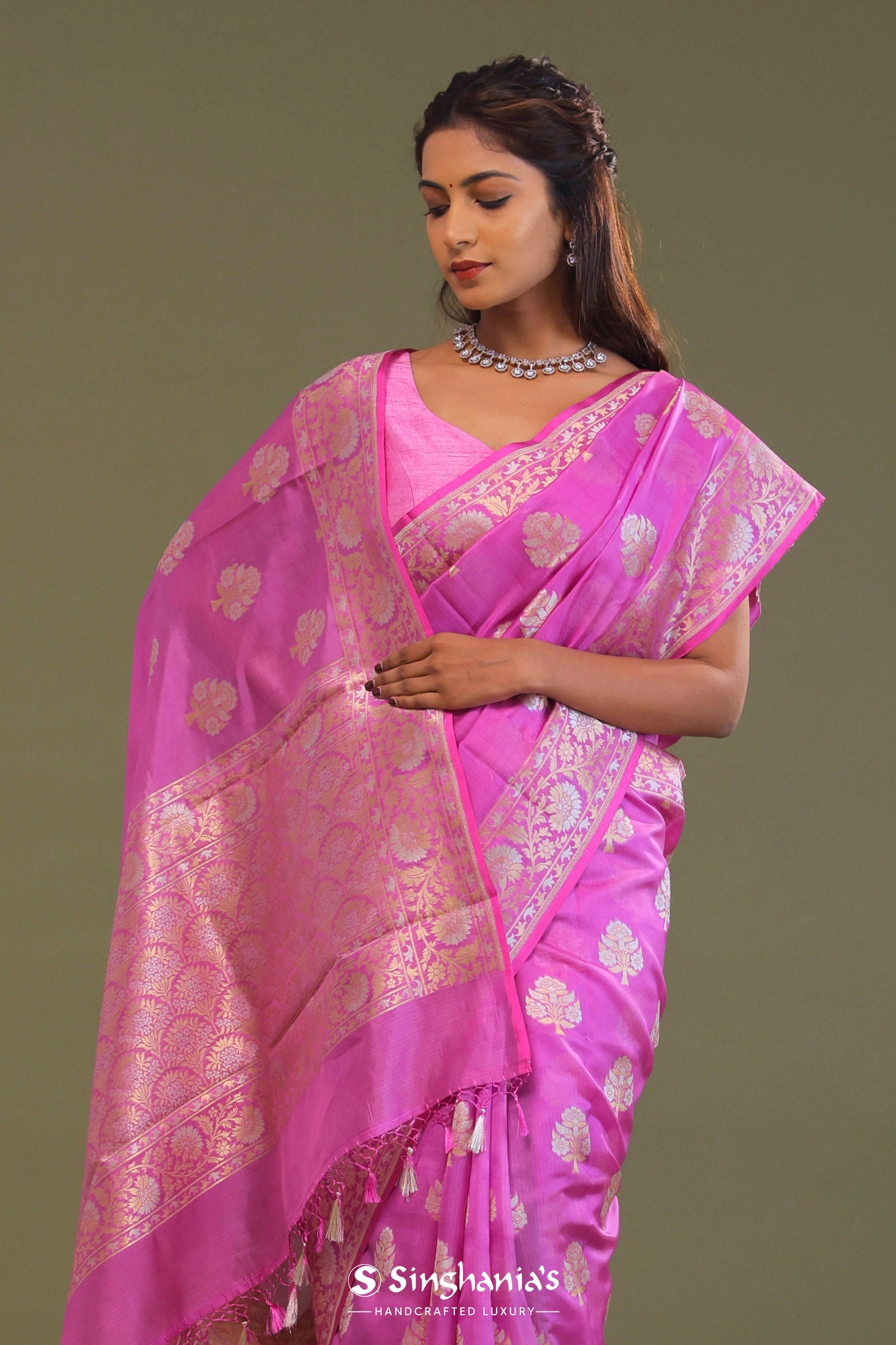 Bright Rose Pink Banarasi Saree With Silver And Gold Meenakari