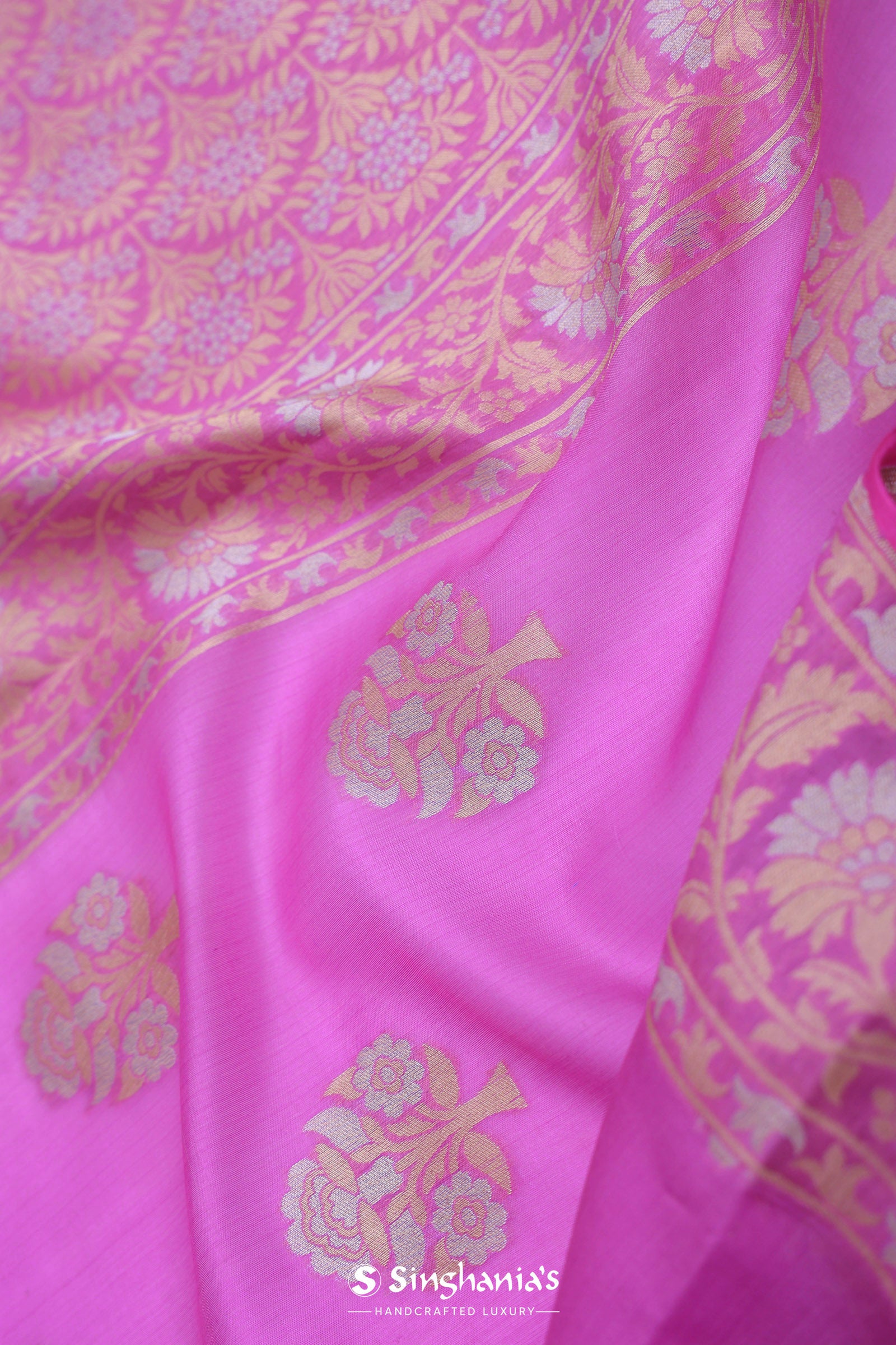 Bright Rose Pink Banarasi Saree With Silver And Gold Meenakari