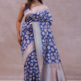 Cobalt Blue Banarasi Silk Saree With Gold And Silver Zari Weaving