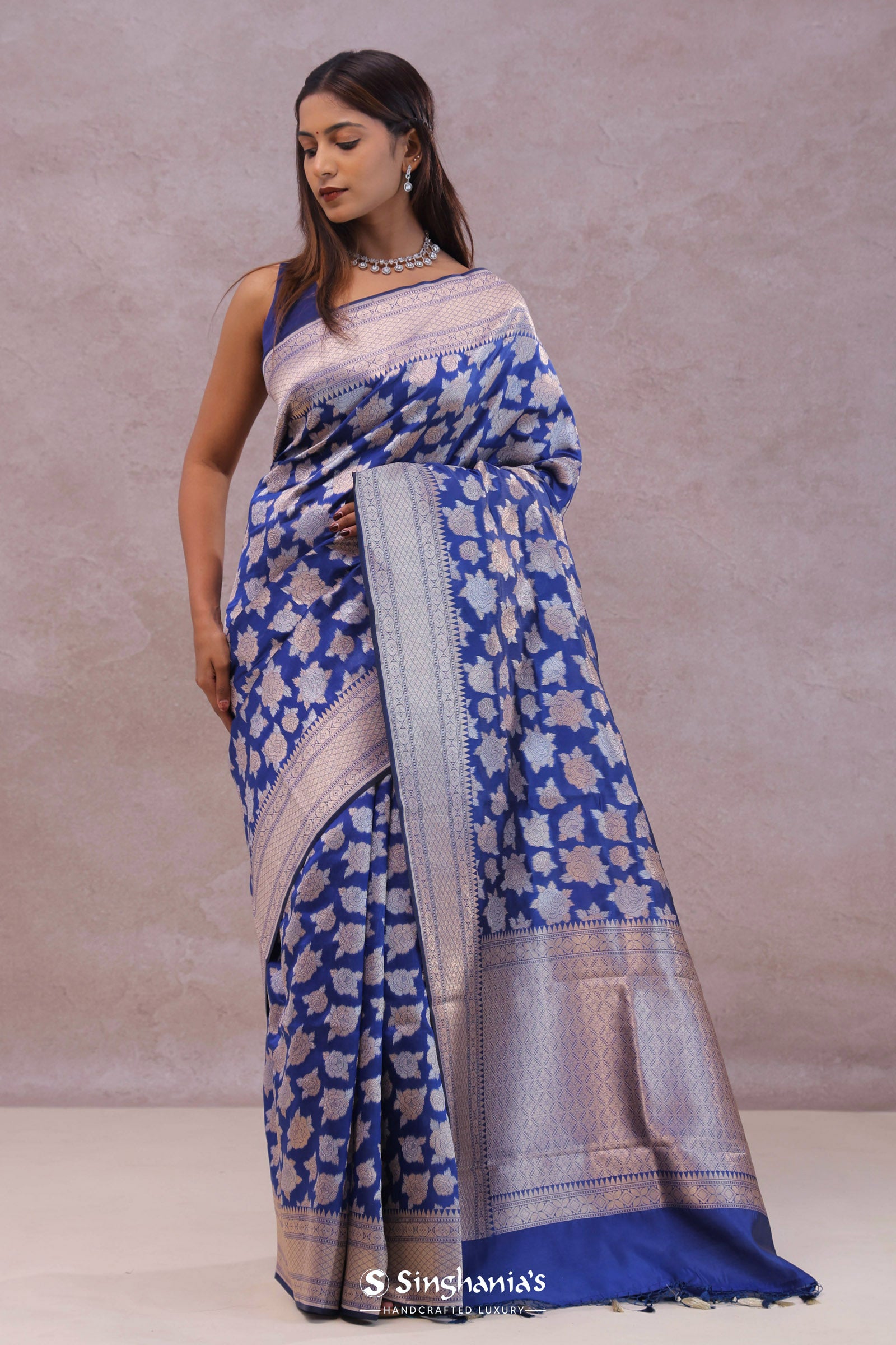 Cobalt Blue Banarasi Silk Saree With Gold And Silver Zari Weaving
