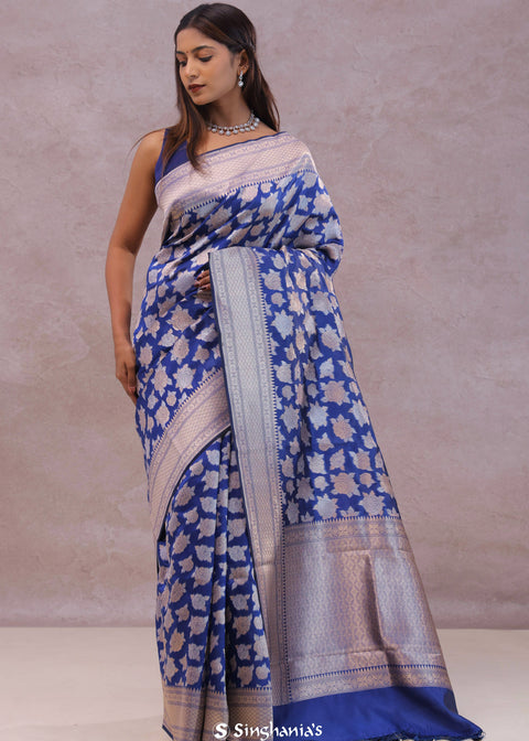 <img> Cobalt Blue Banarasi Silk Saree With Gold And Silver Zari Weaving