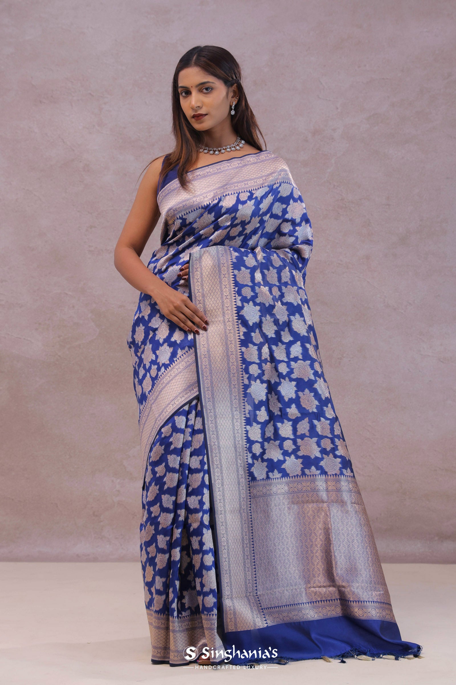 Cobalt Blue Banarasi Silk Saree With Gold And Silver Zari Weaving