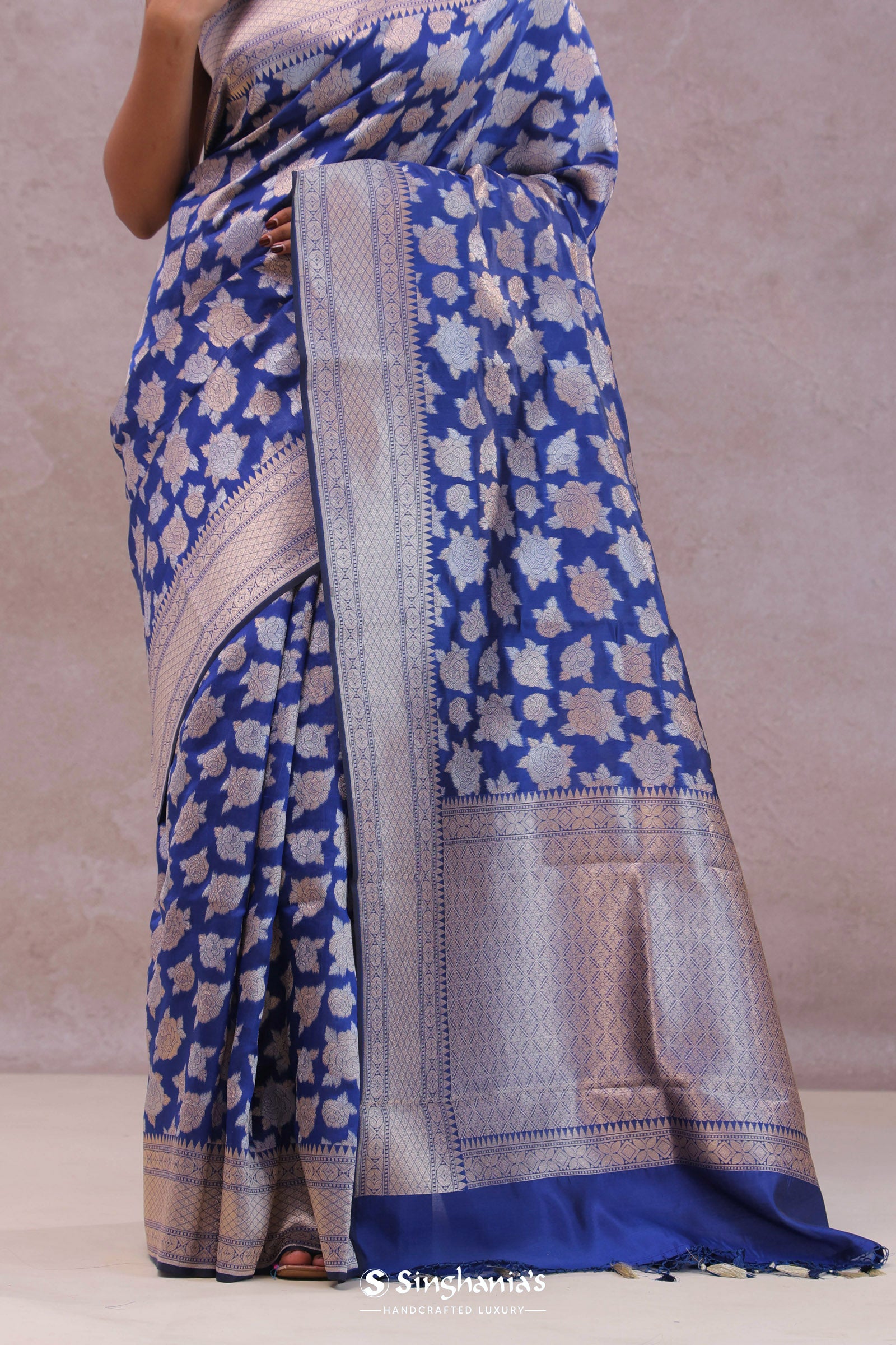 Cobalt Blue Banarasi Silk Saree With Gold And Silver Zari Weaving