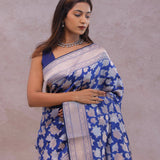 Cobalt Blue Banarasi Silk Saree With Gold And Silver Zari Weaving