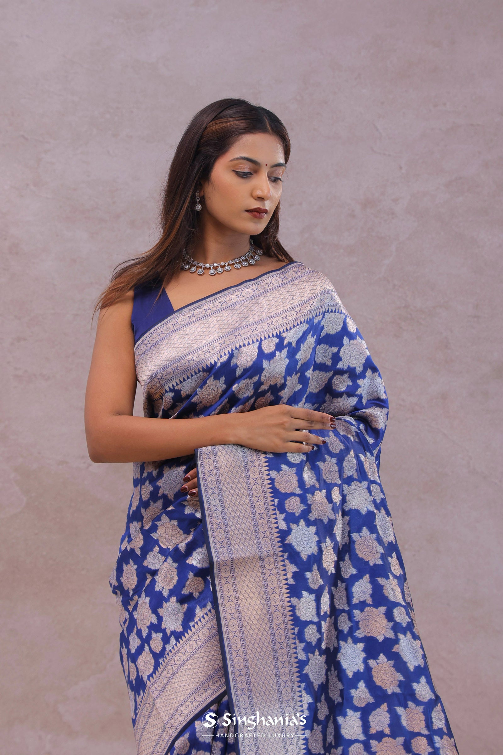 Cobalt Blue Banarasi Silk Saree With Gold And Silver Zari Weaving