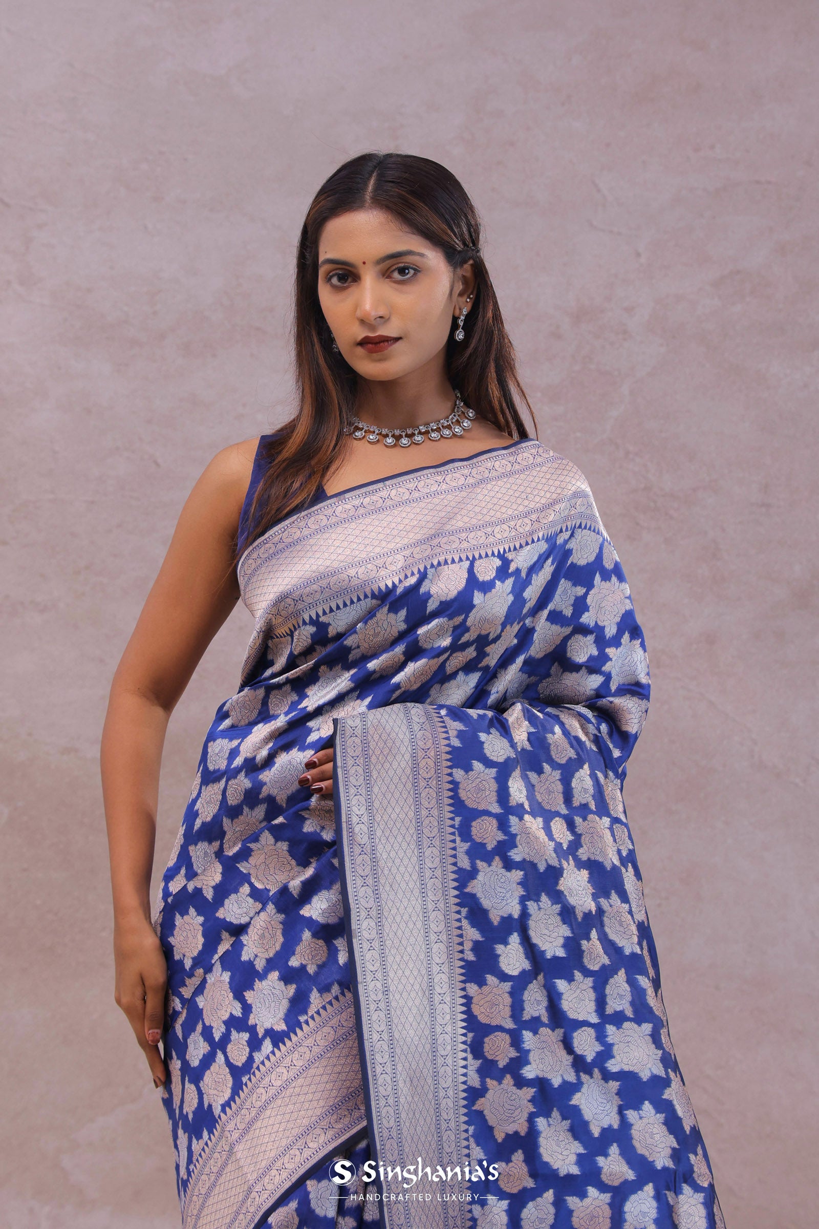 Cobalt Blue Banarasi Silk Saree With Gold And Silver Zari Weaving