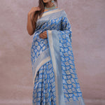 Sky Blue Banarasi Silk Saree With Gold And Silver Zari Weaving