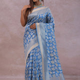 Sky Blue Banarasi Silk Saree With Gold And Silver Zari Weaving