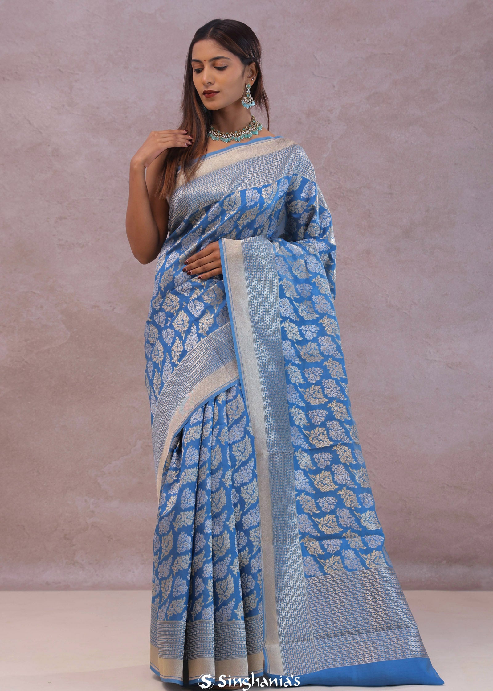 Sky Blue Banarasi Silk Saree With Gold And Silver Zari Weaving