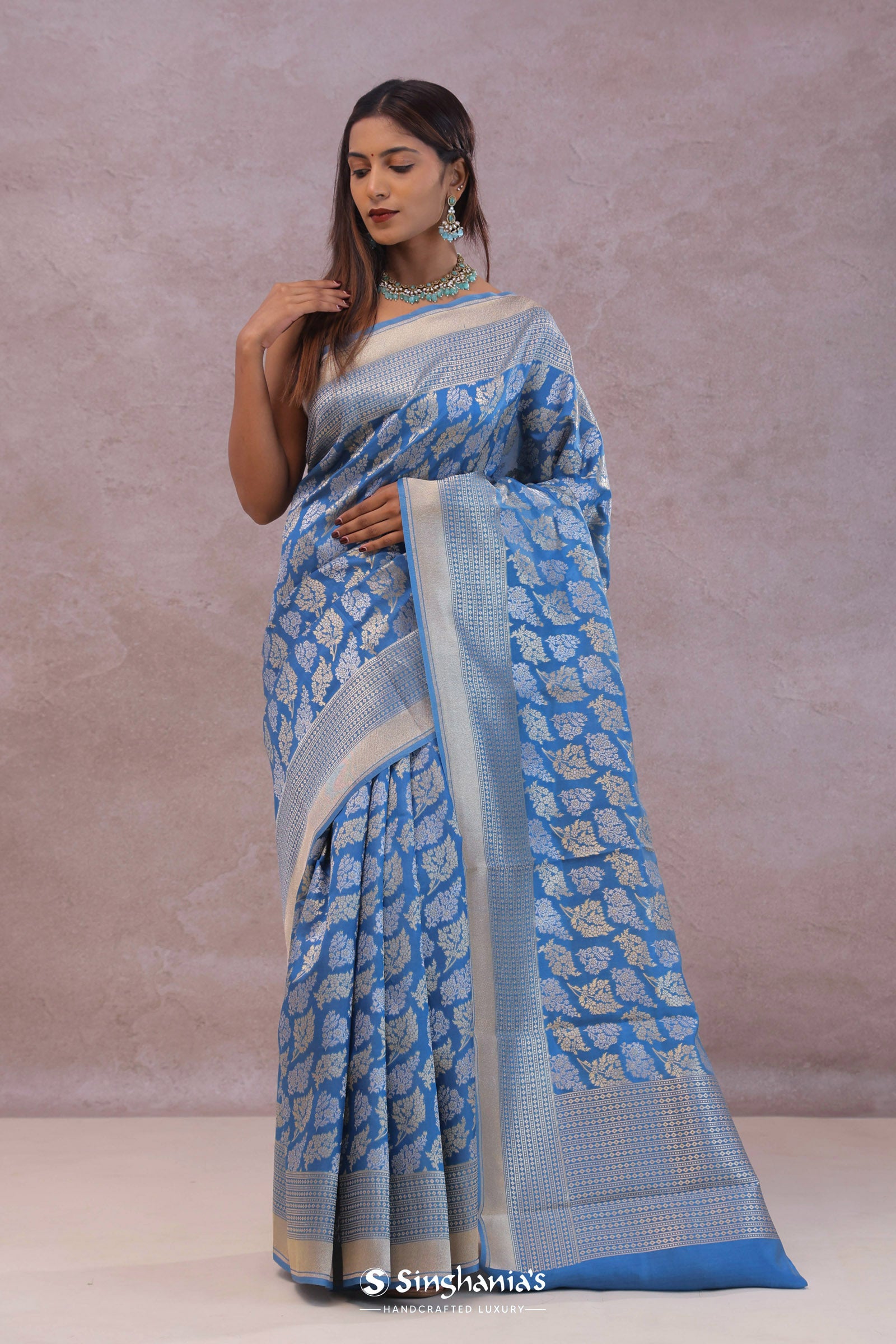 Sky Blue Banarasi Silk Saree With Gold And Silver Zari Weaving
