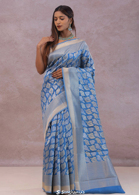 <img> Sky Blue Banarasi Silk Saree With Gold And Silver Zari Weaving