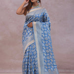 Sky Blue Banarasi Silk Saree With Gold And Silver Zari Weaving