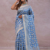 Sky Blue Banarasi Silk Saree With Gold And Silver Zari Weaving