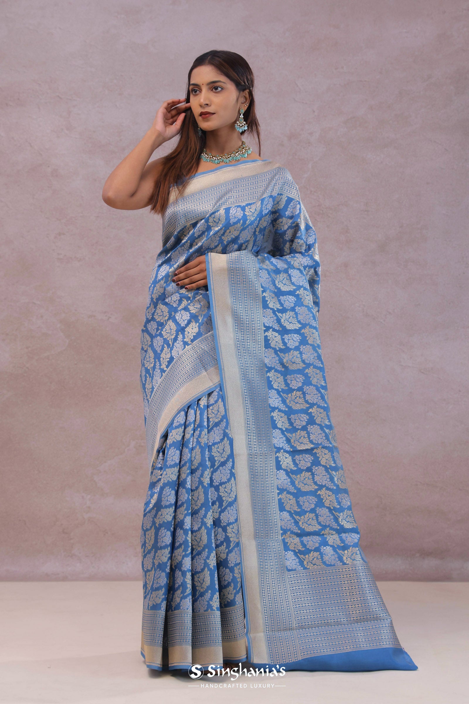 Sky Blue Banarasi Silk Saree With Gold And Silver Zari Weaving