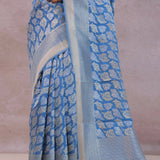 Sky Blue Banarasi Silk Saree With Gold And Silver Zari Weaving