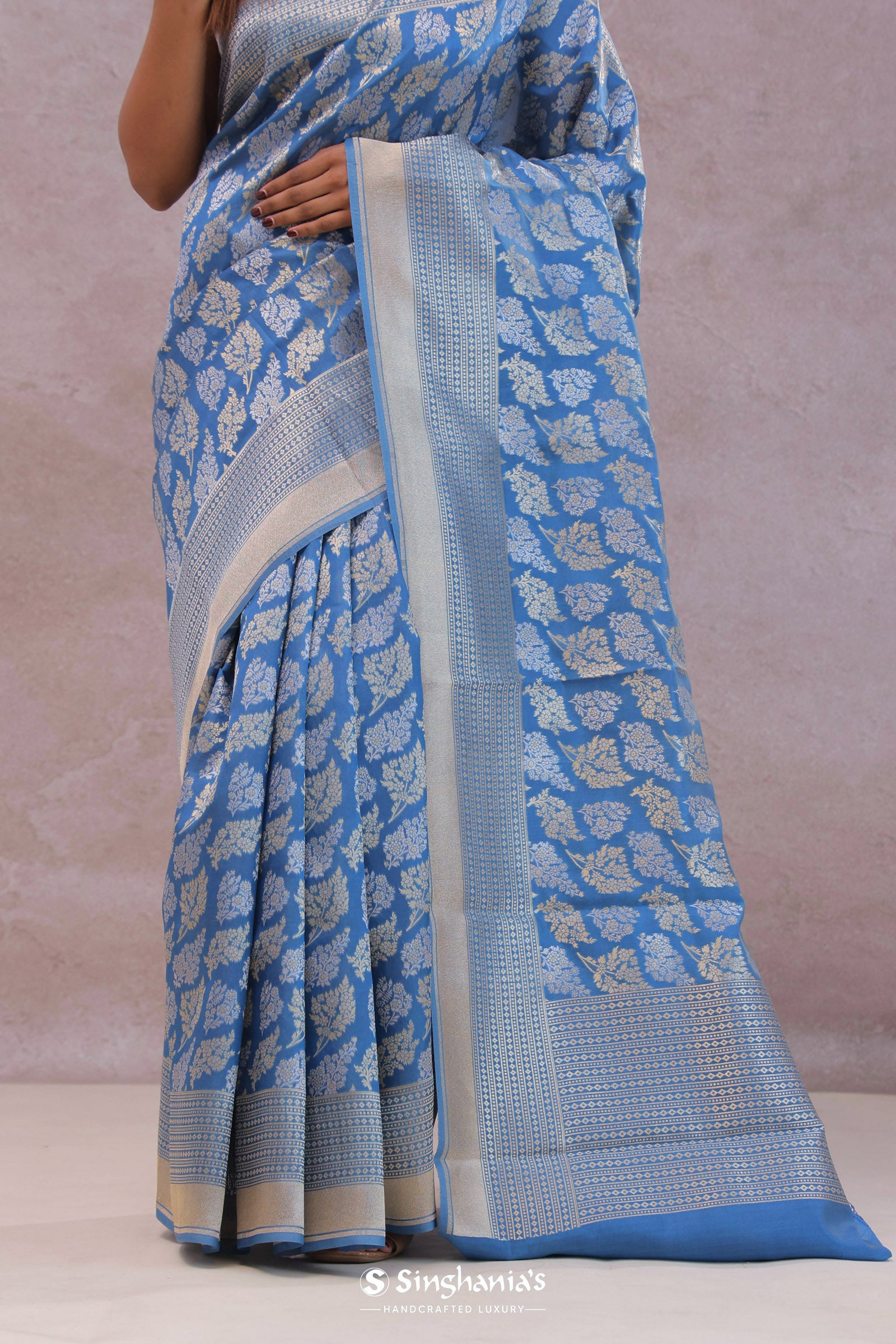Sky Blue Banarasi Silk Saree With Gold And Silver Zari Weaving