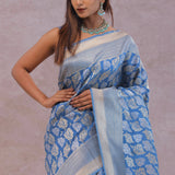 Sky Blue Banarasi Silk Saree With Gold And Silver Zari Weaving