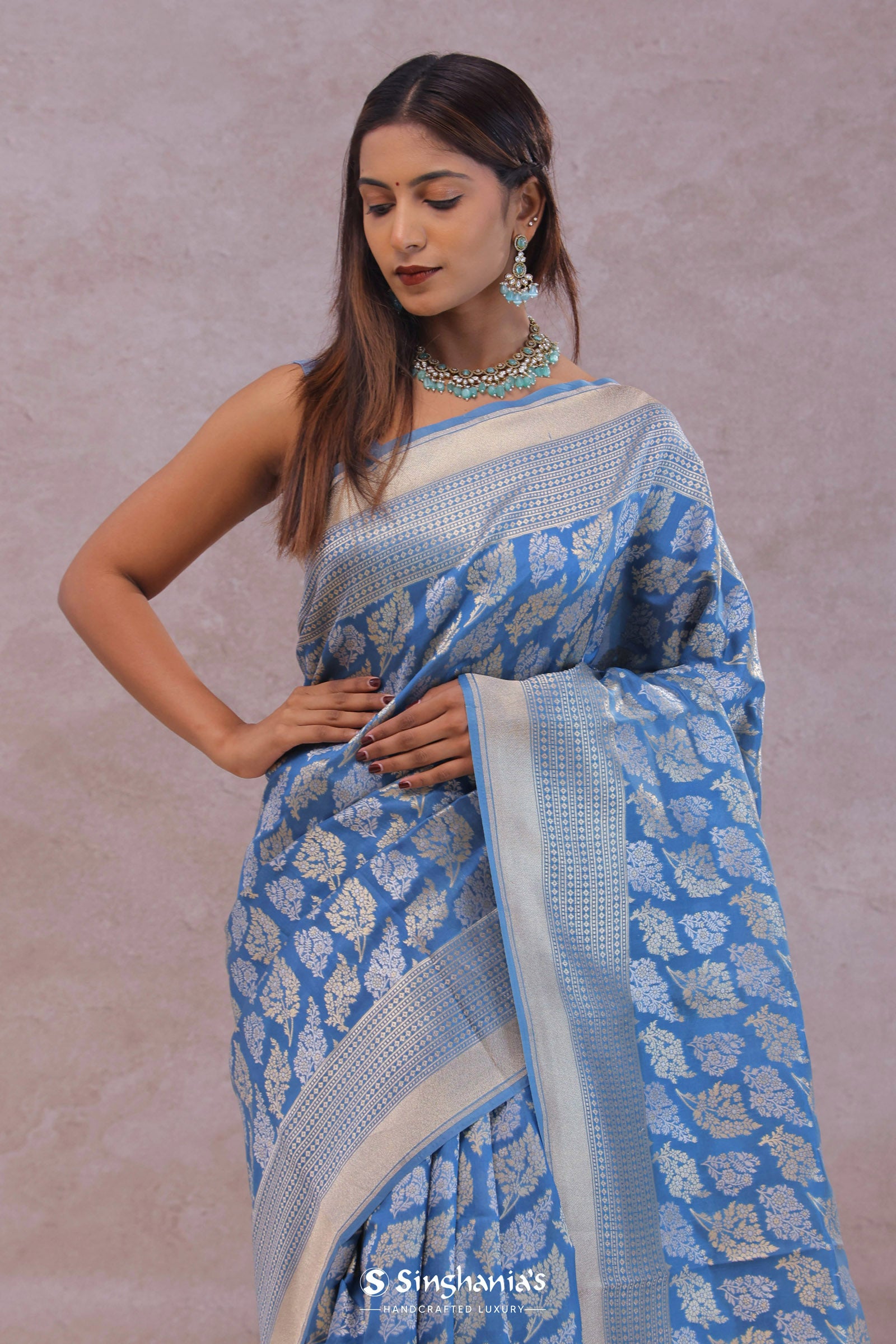 Sky Blue Banarasi Silk Saree With Gold And Silver Zari Weaving