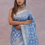 Sky Blue Banarasi Silk Saree With Gold And Silver Zari Weaving