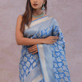 Sky Blue Banarasi Silk Saree With Gold And Silver Zari Weaving