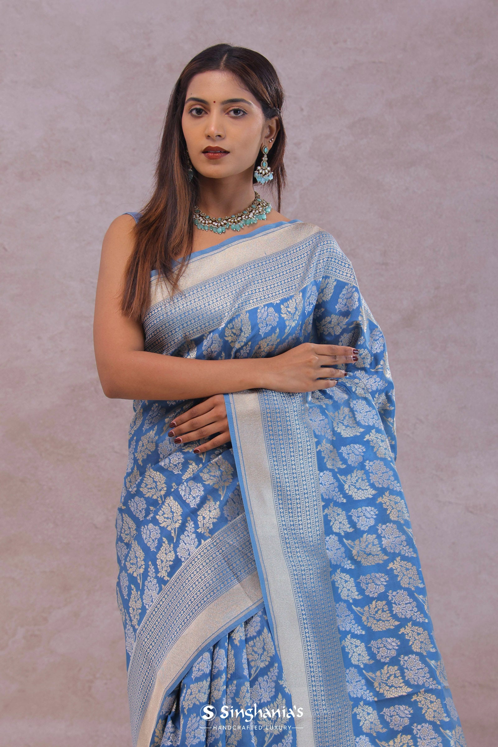 Sky Blue Banarasi Silk Saree With Gold And Silver Zari Weaving