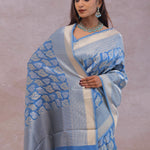 Sky Blue Banarasi Silk Saree With Gold And Silver Zari Weaving