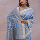 Sky Blue Banarasi Silk Saree With Gold And Silver Zari Weaving