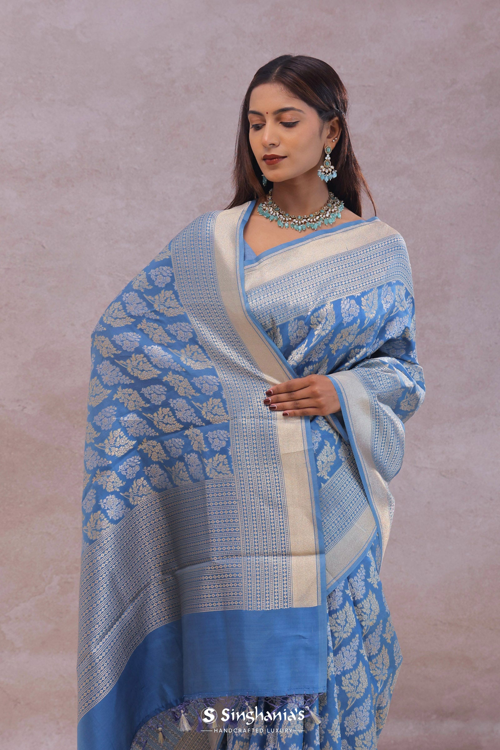 Sky Blue Banarasi Silk Saree With Gold And Silver Zari Weaving