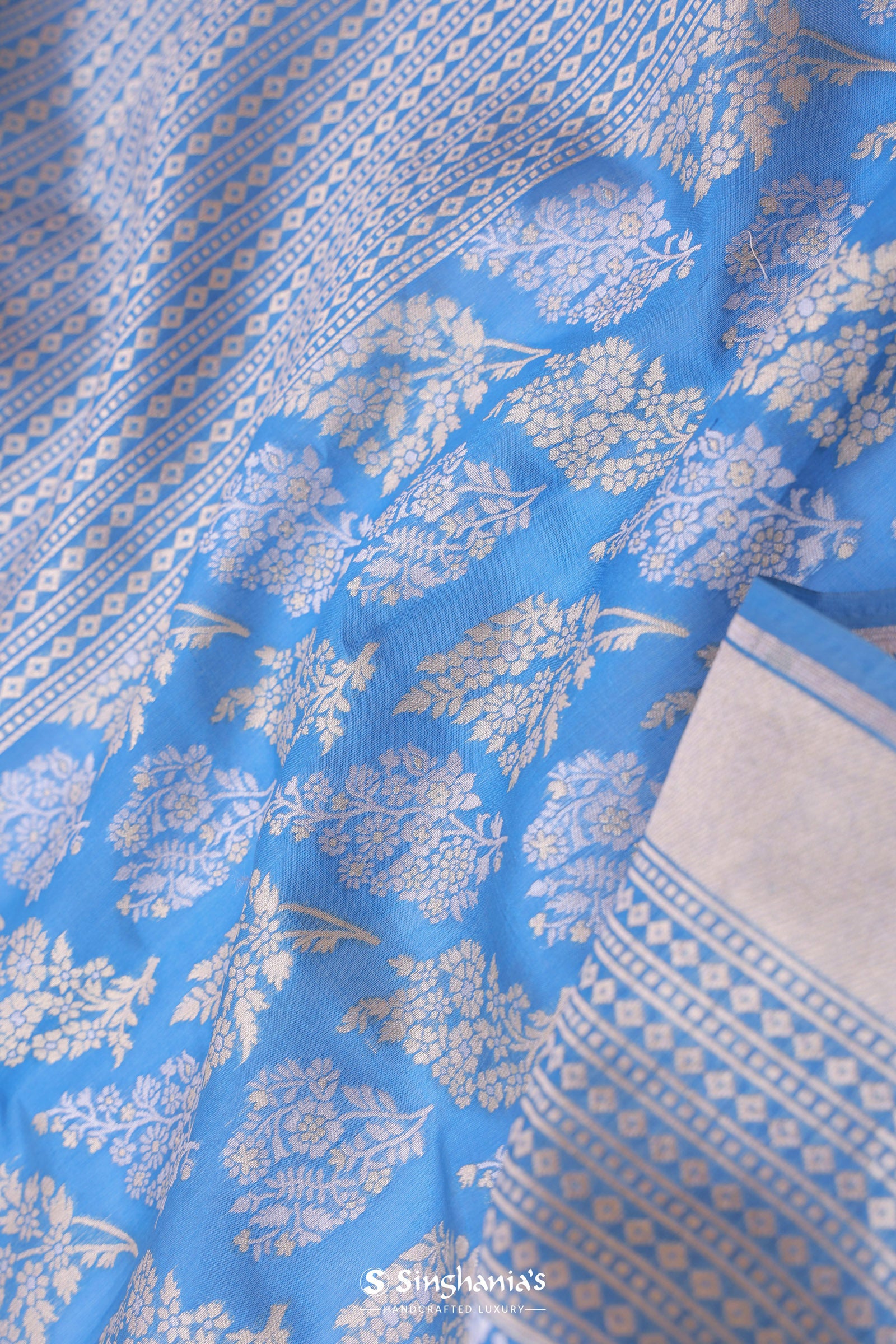 Sky Blue Banarasi Silk Saree With Gold And Silver Zari Weaving
