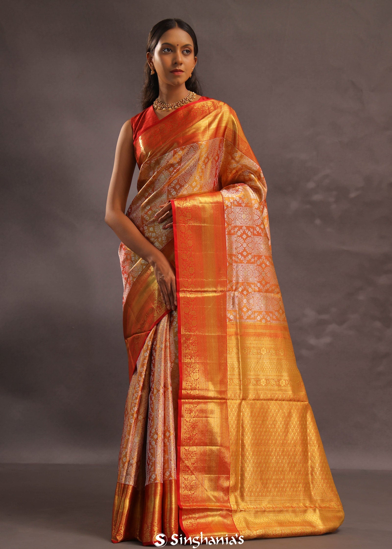 Orange Kanjivaram Silk Saree With Gold Zari Border