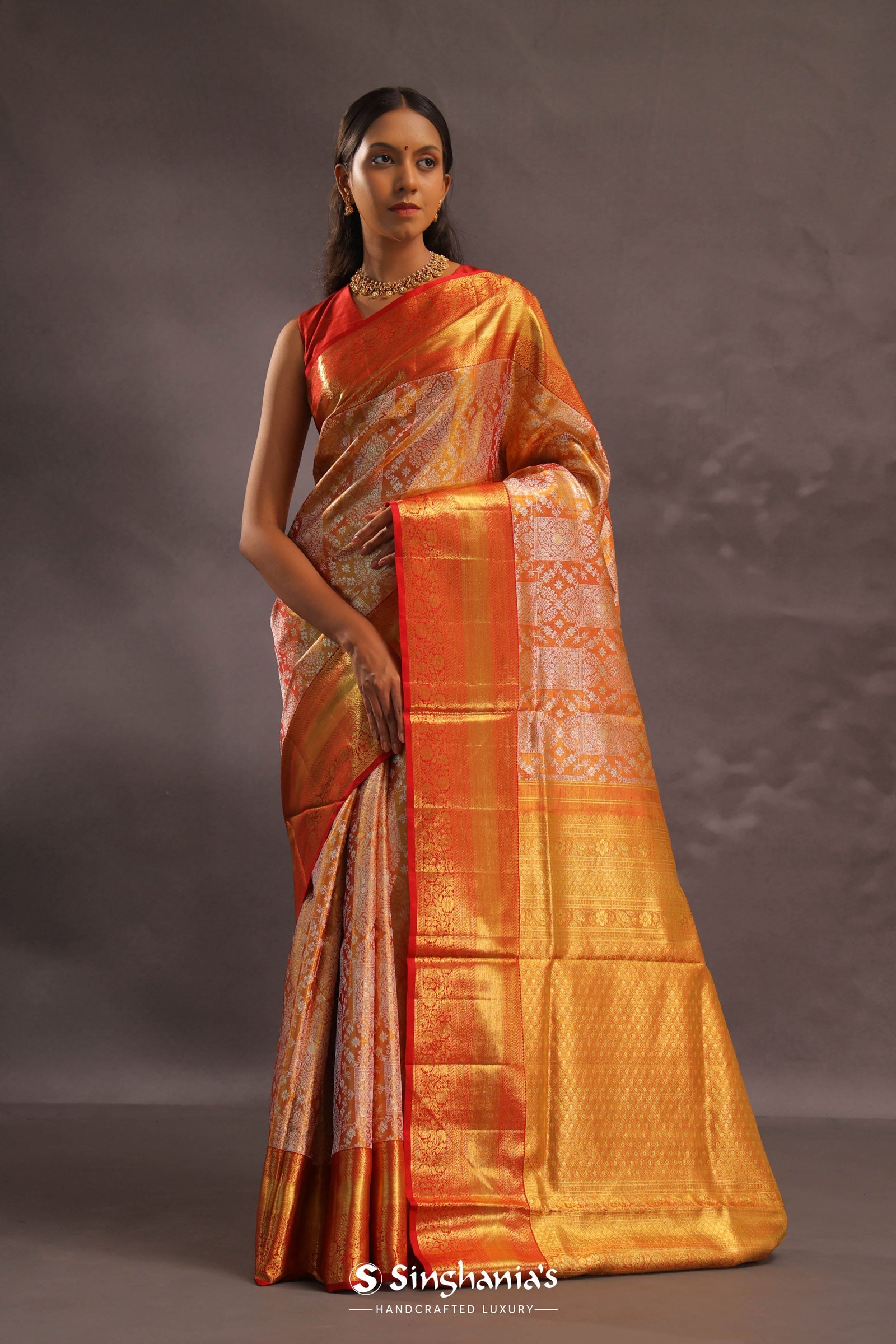 Orange Kanjivaram Silk Saree With Gold Zari Border