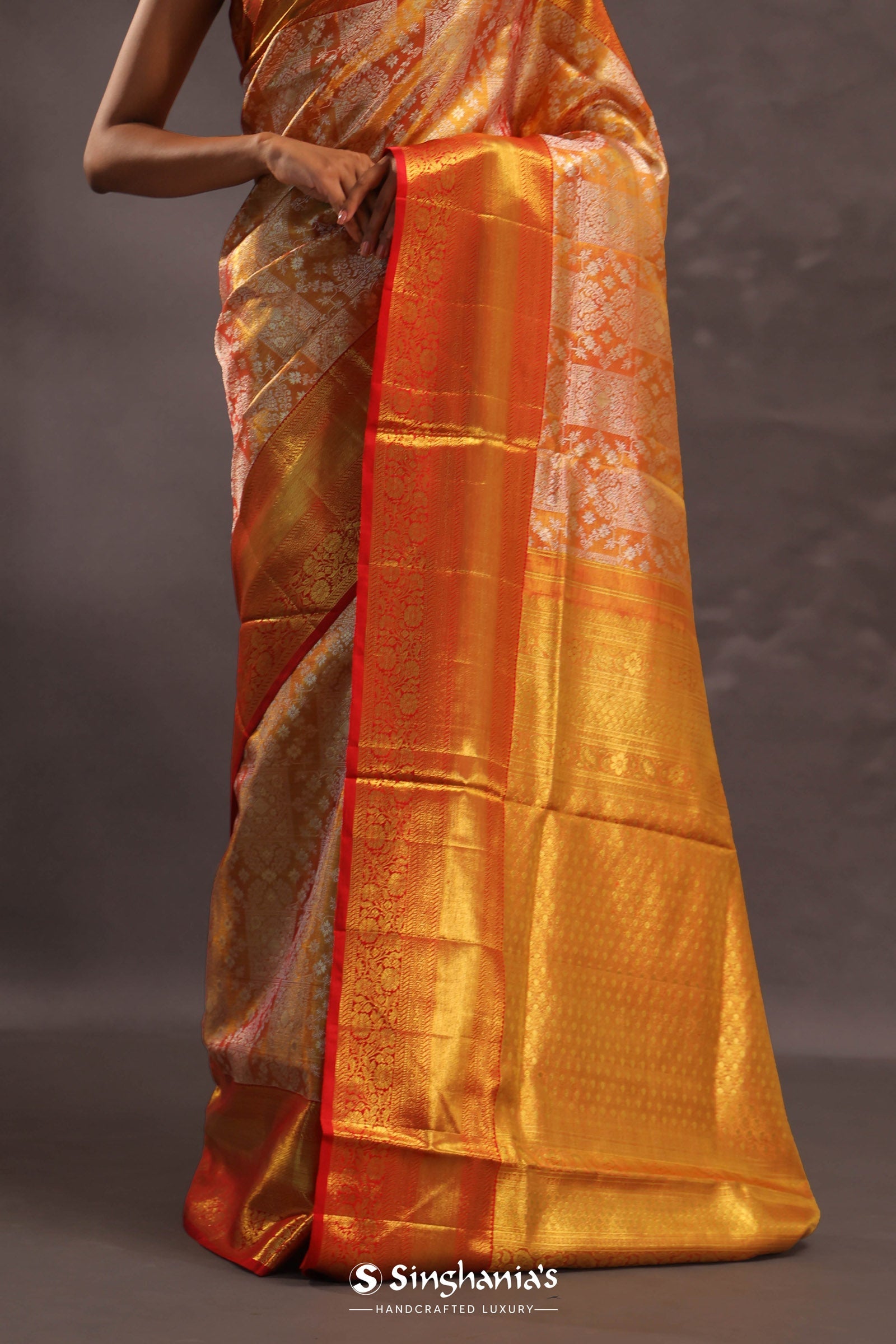 Orange Kanjivaram Silk Saree With Gold Zari Border