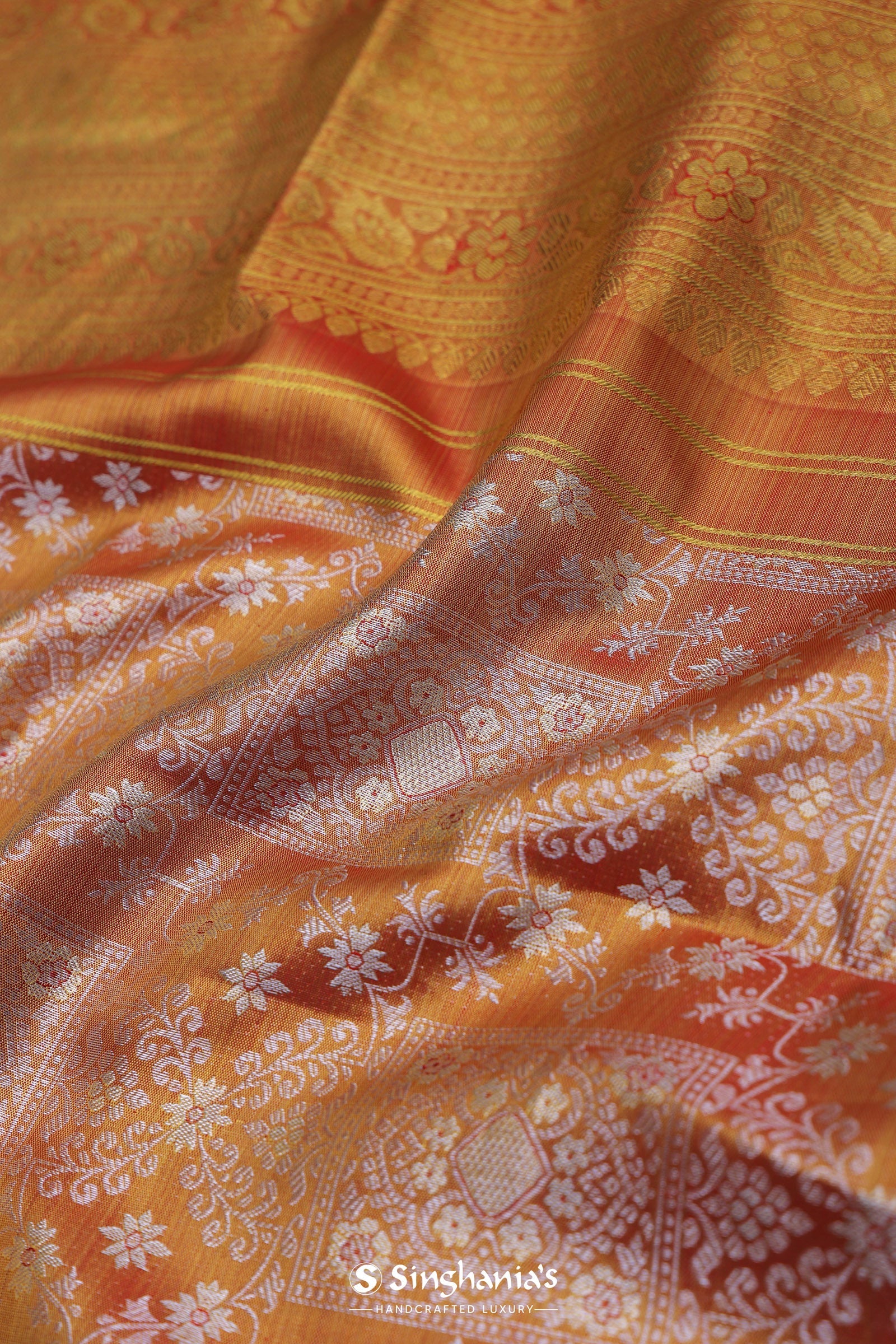 Orange Kanjivaram Silk Saree With Gold Zari Border